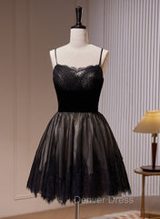 Black Tulle and Lace Straps Short Party Dresses, Black Homecoming Dresses