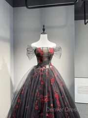 Black Tulle And Red Sequins Floor Length Prom Dresses, Off The Shoulder Evening Party Dresses