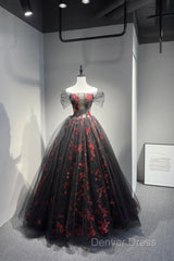 Black Tulle And Red Sequins Floor Length Prom Dresses, Off The Shoulder Evening Party Dresses