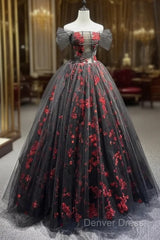 Black Tulle And Red Sequins Floor Length Prom Dresses, Off The Shoulder Evening Party Dresses