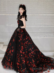 Black Tulle And Red Sequins Long Formal Dress, A-Line Strapless Evening Party Dress