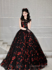Black Tulle And Red Sequins Long Formal Dress, A-Line Strapless Evening Party Dress