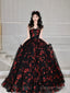 Black Tulle And Red Sequins Long Prom Dress, A Line Strapless Prom Dresses