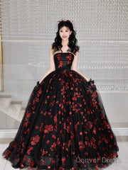 Black Tulle And Red Sequins Long Formal Dress, A-Line Strapless Evening Party Dress