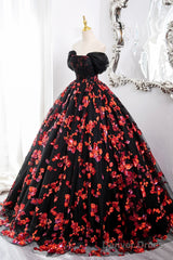 Black Tulle And Red Sequins Long Formal Dress, Off The Shoulder Evening Dress