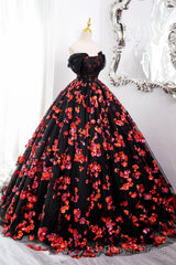 Black Tulle And Red Sequins Long Formal Dress, Off The Shoulder Evening Dress