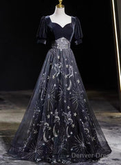 Black Tulle And Velvet A-Line Long Party Dress, Black Long Prom Dress