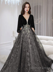 Black Tulle And Velvet Chic Long A-Line Prom Dress, Black Formal Dress