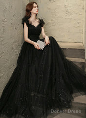 Black Tulle Beaded A-Line Long Prom Dress, Short Sleeves Party Dress
