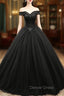 Black Tulle Beaded Long Ball Gowns, A Line Off the Shoulder Prom Gowns