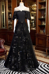 Black Tulle Beaded Long Party Dresses, A-Line Black Formal Dresses Prom Dresses