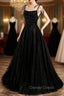 Black Tulle Beaded Long Prom Dress, A Line Spaghetti Straps Prom Dresses