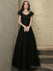 Black Tulle Beaded Long Prom Dress, Short Sleeve Evening Party Dress