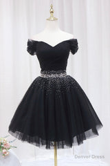 Black Tulle Beaded Short Prom Dress, Off Shoulder Evening Party Dress