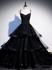 Black Tulle Double Straps Beading Prom Dress