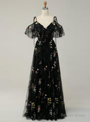 Black Tulle Embroidery Straps Prom Dress