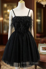 Black Tulle Feather Spaghetti Straps Homecoming Dresses