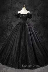 Black Tulle Floor Length A-Line Prom Dresses, Off the Shoulder Evening Party Dresses