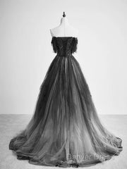 Black Tulle Gradient Long Party Dresses With Beadings, Black Evening Dresses Prom Dresses