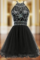 Black Tulle Halter Backless With Crystal Homecoming Dresses