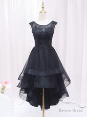 Black Tulle Appliques Beading Prom Dress