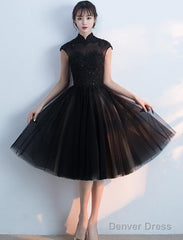 Black Tulle Homecoming Dress With High Neckline, Black Short Party Dress Prom Dress
