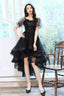 Black Tulle Lace High-Low Party Dress, Cute Short Sleeve Homecoming Dress