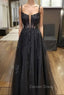 Black Tulle Lace Long Prom Dresses, A-Line Spaghetti Straps Evening Dresses
