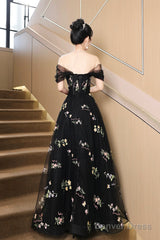 Black Tulle Lace Long Prom Dress, Black A-Line Off The Shoulder Evening Party Dress
