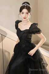 Black Tulle Lace Short Sleeve Floor Length Prom Dress, Black A-Line Evening Party Dress