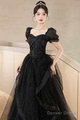 Black Tulle Lace Short Sleeve Floor Length Prom Dress, Black A-Line Evening Party Dress