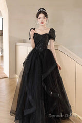Black Tulle Lace Short Sleeve Floor Length Prom Dress, Black A-Line Evening Party Dress