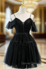 Black Tulle Lace Spaghetti Straps Button Homecoming Dresses