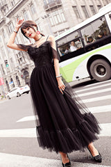 Black Tulle Lace Tea Length Prom Dress, Lace Tulle Evening Dress