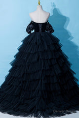 Black Tulle Layers Long Formal Dress, Black A-Line Strapless Evening Dress