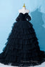 Black Tulle Layers Long Formal Dresses, Black A-Line Strapless Evening Dresses