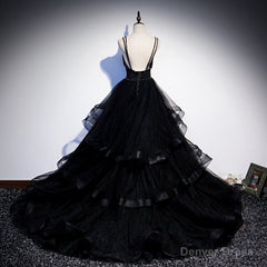 Black Tulle Layers Straps Beaded Long Evening Dress, Black Formal Dress Prom Dress