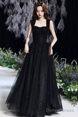 Black Tulle Long A-Line Evening Dress, Black Sweetheart Neck Prom Dress