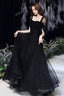 Black Tulle Long A Line Prom Dress, Black Sweetheart Neck Prom Dresses