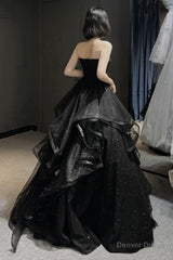Black Tulle Long A-Line Prom Dress,Ball Dresses with Ruffles