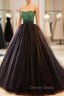 Black Tulle Long Prom Dress with Green Beaded, Black Strapless Prom Dresses