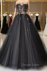 Black Tulle Long Prom Dresses, Black A-Line Strapless Evening Dresses