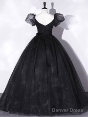 Black Tulle Long Prom Dress, Black Puff Sleeves Long Sweet 16 Dress