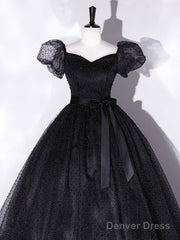 Black Tulle Long Prom Dress, Black Puff Sleeves Long Sweet 16 Dress