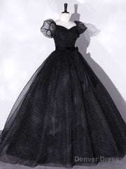 Black Tulle Long Prom Dress, Black Puff Sleeves Long Sweet 16 Dress
