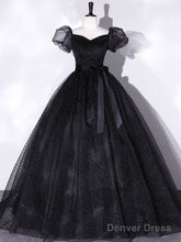 Black Tulle Long Prom Dress, Black Puff Sleeves Long Sweet 16 Dress