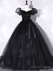 Black Tulle Long Prom Dress, Black Puff Sleeves Long Sweet 16 Dress