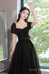 Black Tulle Long Prom Dress, Black Short Sleeve Graduation Dress