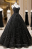 Black Tulle Long Prom Dresses, Black Spaghetti Straps Formal Evening Gown