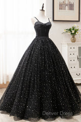 Black Tulle Long Prom Dresses, Black Spaghetti Straps Formal Evening Gown